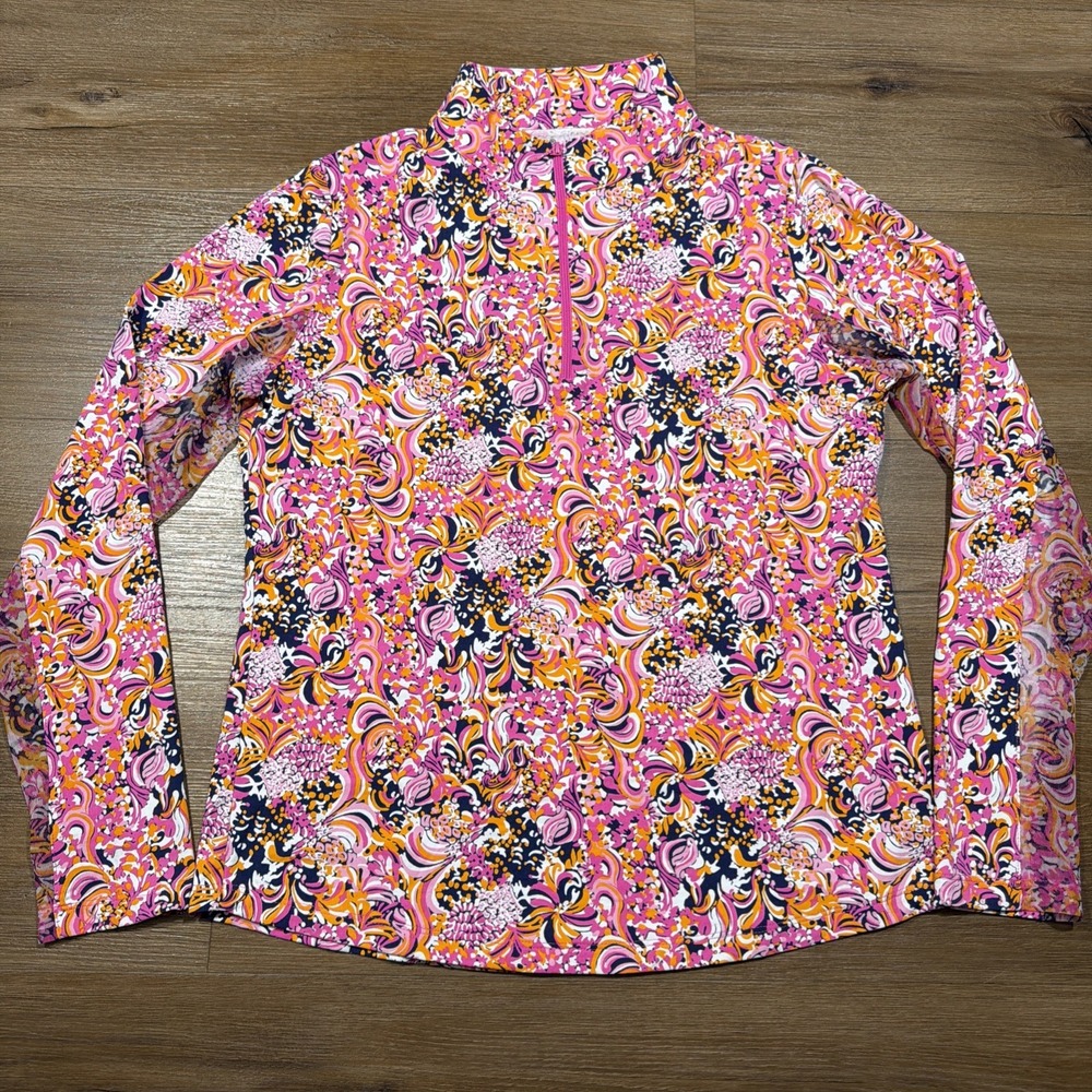 IBKUL MARISSA HOT PINK ORANGE Mock Neck Golf 1/4 Zip Shirt Paisley Mesh Sleeves